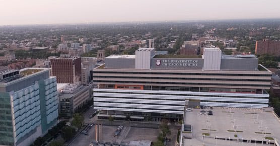 view of the South Side from campus, with Center for Care and Discovery in foreground