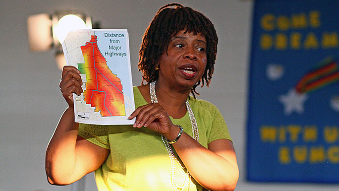 Population health expert Doriane Miller, MD, speaks at a community event about health disparities on Chicago's South Side