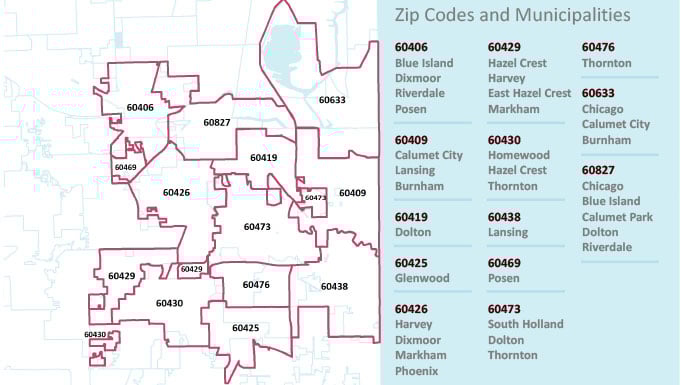 Map of UChicago Medicine's Southland service area zip code map