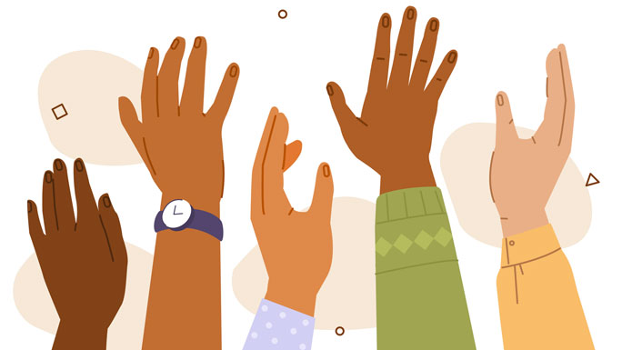 illustration of multiethnic raised hands
