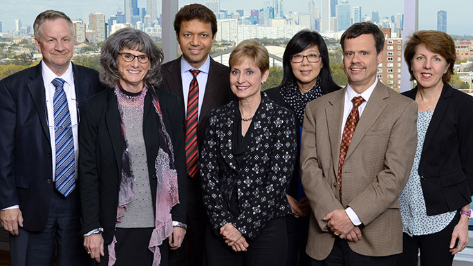 From left to right: Geoffrey Greene, PhD, Marcy List, PhD, Habibul Ahsan, MBBS, MMedSc, Michelle Le Beau, PhD, Karen Kim, MD, Walter Stadler, MD, and M. Eileen Dolan, PhD.