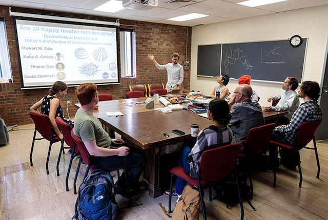 A joint meeting of students in the Jablonski and Price labs.