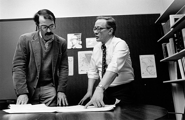 Jack Sepkoski, PhD, left, and David Raup, PhD, in the 1980s. Their collaboration contributed to the knowledge of extinction events.