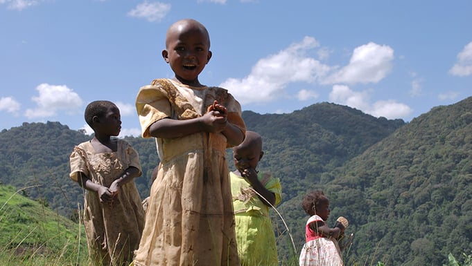 Batwa children play on the outskirts of the Bwindi Impenetrable Forest in Uganda.