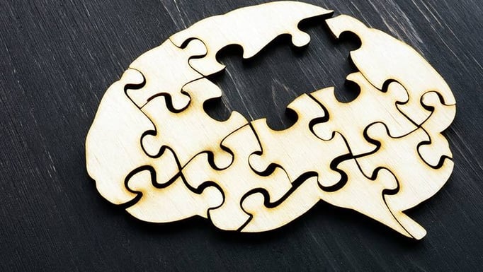 A jigsaw puzzle in the shape of a brain, missing two pieces.