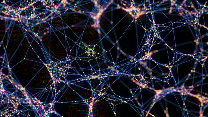Futuristic Large Abstract Network Of Multi-Coloured Spheres With Selective Focus stock photo