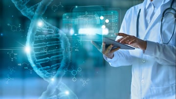 stylized illustration of DNA helix and clinician using a tablet computer