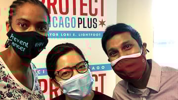 Community Champions assist with a COVID-19 vaccine clinic on the South Side. (Jessica Long, MD, PGY4 Obstetrics and Gynecology (Graduated); Ruth Tangonan, MD, rising PGY4 Neurology; and Hasanga Samaraweera,MD, PGY4 Pediatrics (Graduated)