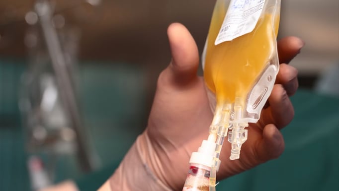 gloved hand with bag of blood plasma