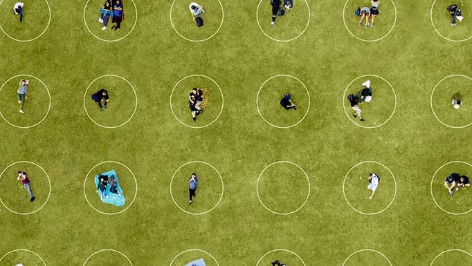 An aerial photo of people in a field in marked socially distanced circles.