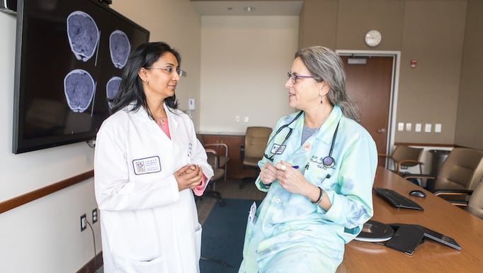 Child abuse pediatricians Veena Ramaiah, MD, left, and Jill C. Glick, MD, Medical Director of Child Advocacy and Protective Services at the University of Chicago Medicine Comer Children