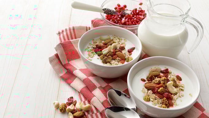 a bowl of full fat yogurt with nuts and berries