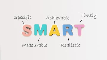 Goals Setting And Planning. Colorful Word Smart As Acronym Of Different Words Over White Background. Set And Achieve Your Goal, Motivational Banner. Panorama, Top View