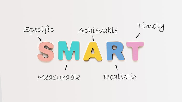 Goals Setting And Planning. Colorful Word Smart As Acronym Of Different Words Over White Background. Set And Achieve Your Goal, Motivational Banner. Panorama, Top View