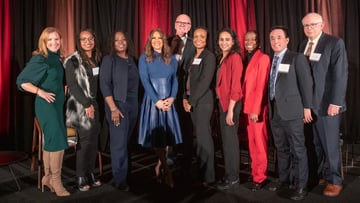 From left to right: Kovler Executive Director, Peggy Hasenauer, MS, RN; Event Chairs, Veronica Robinson, MD and Tonya Coats, MD; Cheryl Burton, ABC7 News; Tom Jackiewicz, UChicago Medicine; Celeste Thomas, MD; Arshiya Baig, MD, MPH; Tracey Brown, Walgreens; Elbert Huang, MD, MPH; and Kovler Director, Lou Philipson, MD, PhD.