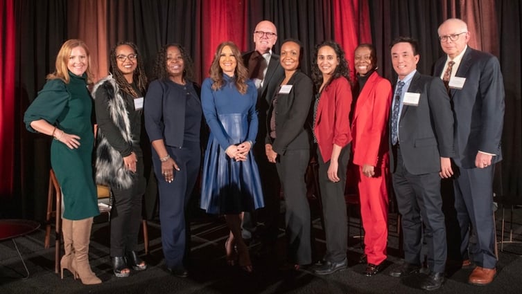 From left to right: Kovler Executive Director, Peggy Hasenauer, MS, RN; Event Chairs, Veronica Robinson, MD and Tonya Coats, MD; Cheryl Burton, ABC7 News; Tom Jackiewicz, UChicago Medicine; Celeste Thomas, MD; Arshiya Baig, MD, MPH; Tracey Brown, Walgreens; Elbert Huang, MD, MPH; and Kovler Director, Lou Philipson, MD, PhD.