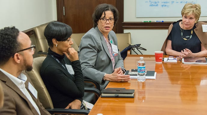 Medical Center Trustee Ellie Block meets with Brenda Battle, community partners, and staff