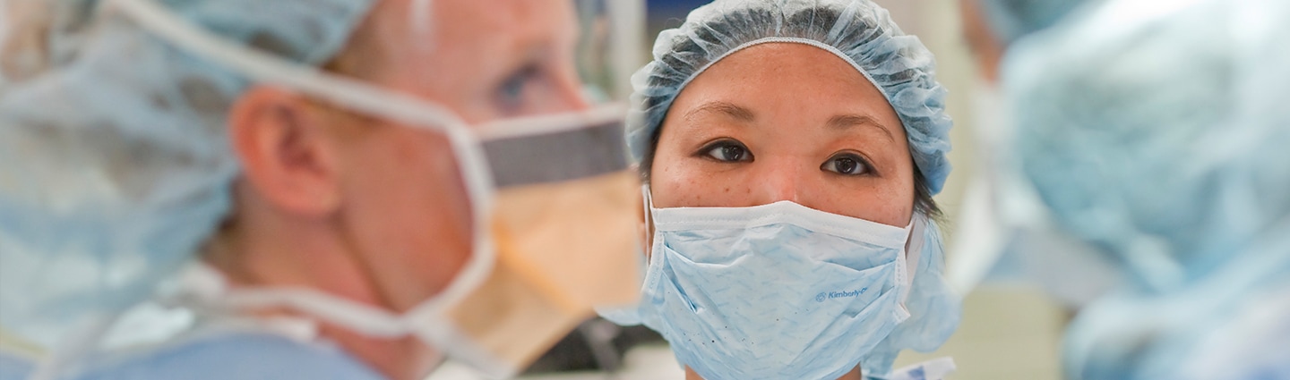 Close up of a healthcare worker wearing a mask