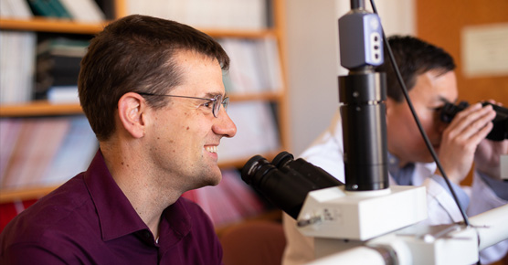 Peter Pytel, MD, at microscope
