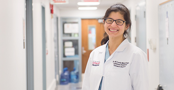 Lung transplant nurse Penny Viater, RN, at the 8 West nursing station of the Center for Care and Discovery