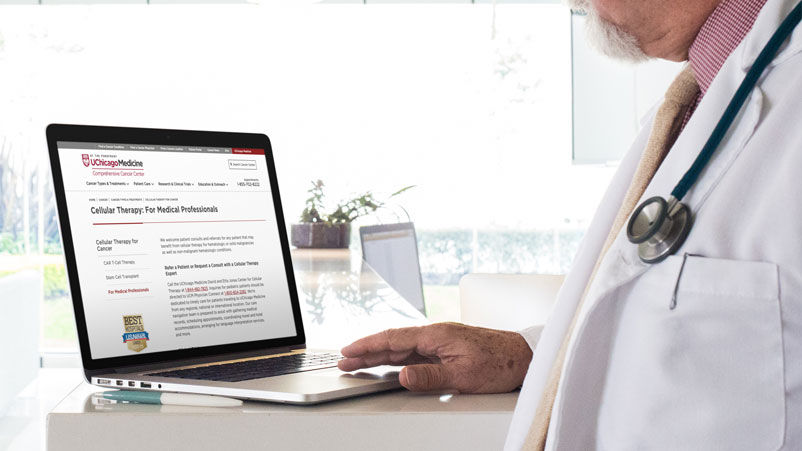physician viewing UChicago Medicine cellular therapy resources for medical professionals