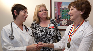 (From left) physician Michelle Josephson, MD, nurse Barbara Pashup, RN, and kidney transplant patient Nancy Mackrola at the DCAM