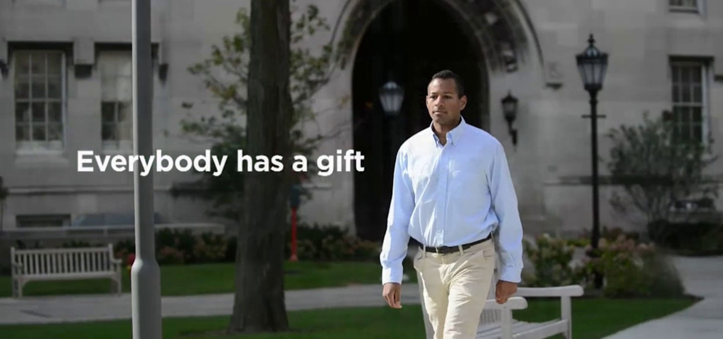 Philanthropy campaign video of man walking through University of Chicago campus