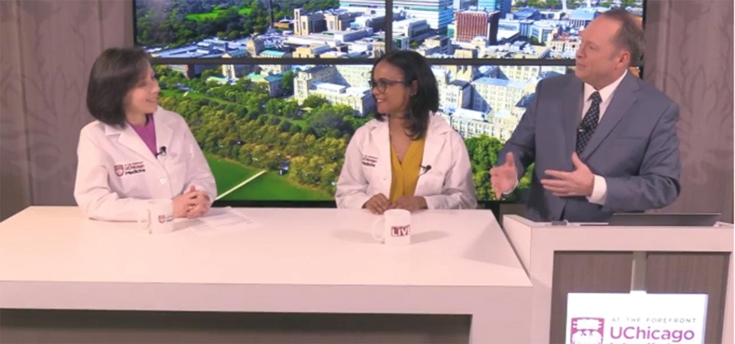 Gynecologists Stacy Tessler Lindau, MD, and Monica Christmas, MD and Tim Brown discussing women's health. 