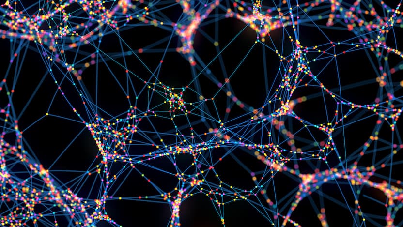 Futuristic Large Abstract Network Of Multi-Coloured Spheres With Selective Focus stock photo