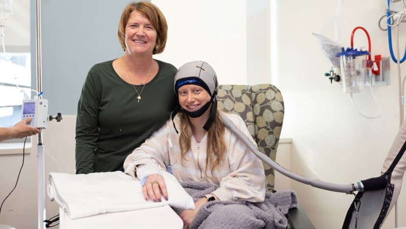 UChicago Medicine breast cancer patient Megan Steen used a cold cap during her chemotherapy treatment, with help from her mother, Melissa.