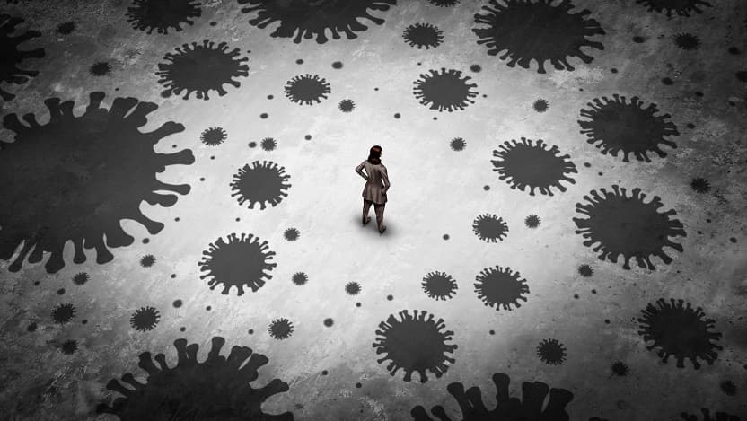 black and white image of a small human figure surrounded by a landscape of COVID-19 molecules