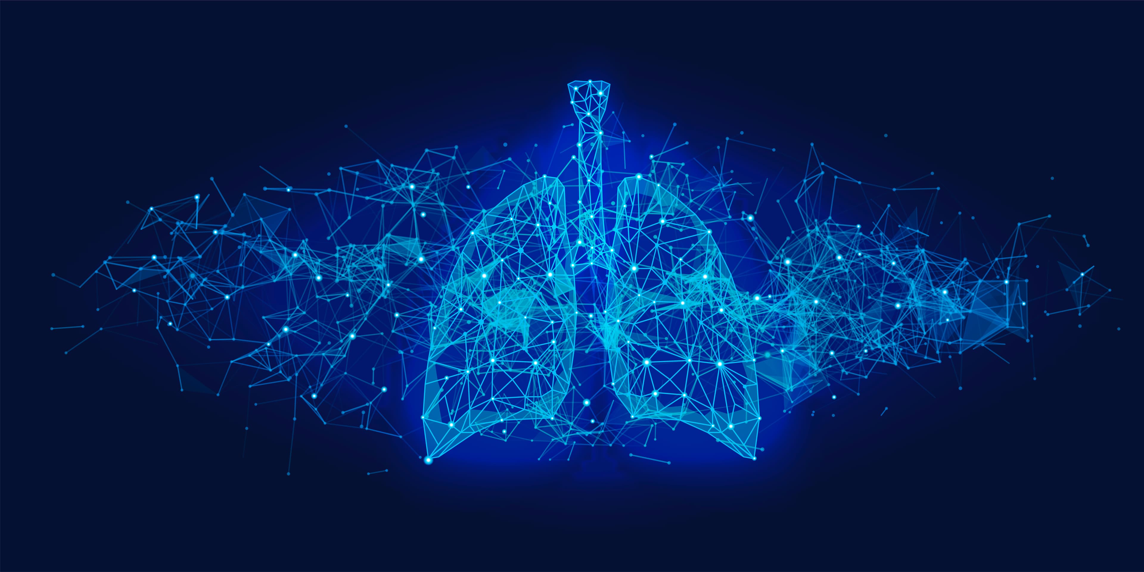Abstract illustration of human lungs formed by interconnected glowing dots and digital network nodes.