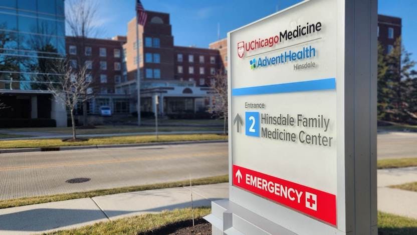 University of Chicago Medicine AdventHealth Hinsdale (shown) is part of a joint venture between UChicago Medicine and AdventHealth, which brings academic medicine to the western suburbs.
