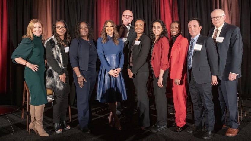 From left to right: Kovler Executive Director, Peggy Hasenauer, MS, RN; Event Chairs, Veronica Robinson, MD and Tonya Coats, MD; Cheryl Burton, ABC7 News; Tom Jackiewicz, UChicago Medicine; Celeste Thomas, MD; Arshiya Baig, MD, MPH; Tracey Brown, Walgreens; Elbert Huang, MD, MPH; and Kovler Director, Lou Philipson, MD, PhD.