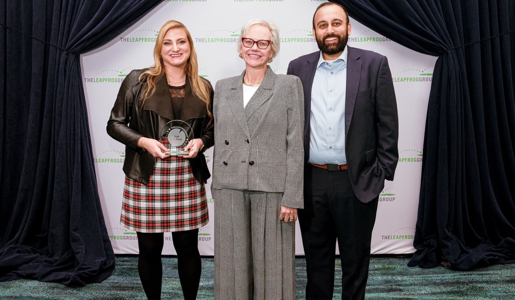 Leapfrog Group CEO Leah Binder (center) with UChicago Medicine’s Samantha Ruokis, Vice President of Clinical Performance Excellence, and Arth Patel, Program Director in the Office of External Assessment.