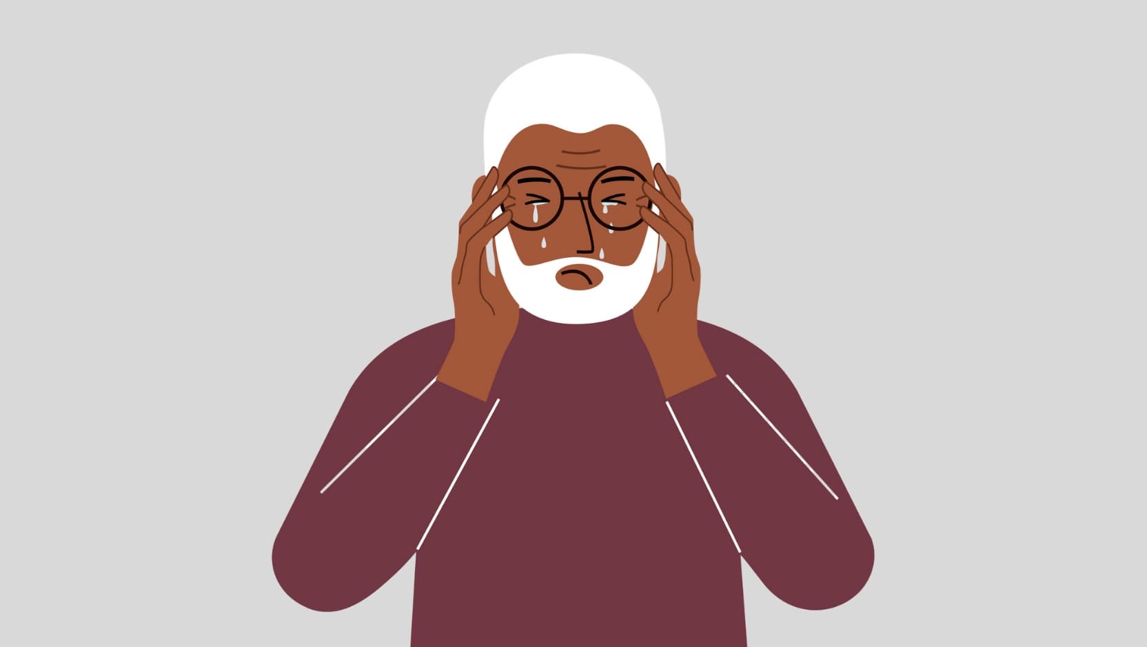 An illustration of a man with white hair and tears rolling down his face