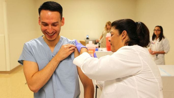 Health care workers at UChicago Medicine receiving flu shots