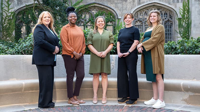 UChicago Medicine's midwives, from left to right, are Mary Kay Burke, Ola Tepede, Libby Oppert, Katie Willey and Meghan Kilmer.