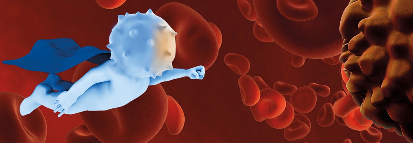 illustration of white blood cell superhero attacking cancer cell