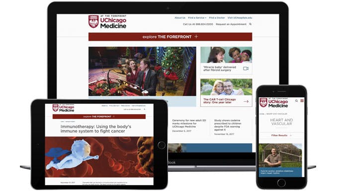 UChicago Medicine's health and wellness website, The Forefront, displayed on laptop, tablet and mobile phone