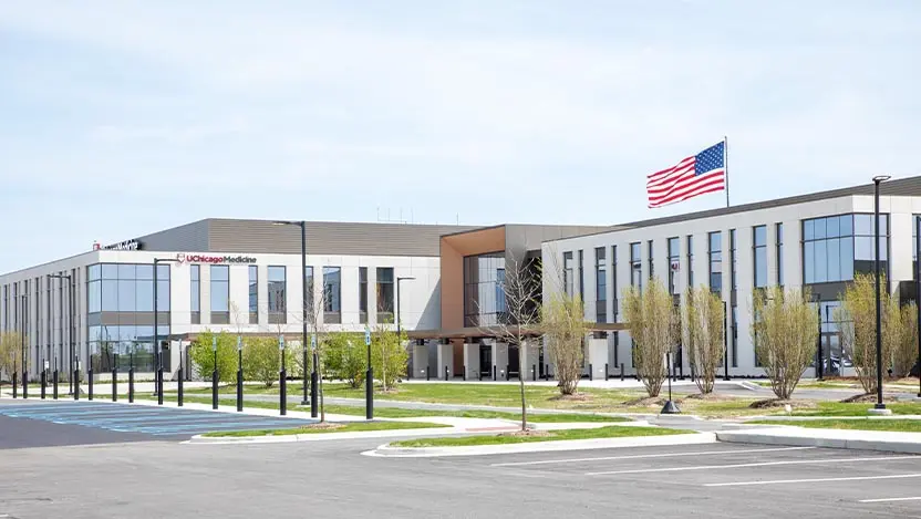 A photo showing the exterior of the UChicago Medicine facility in Crown Point, Indiana.