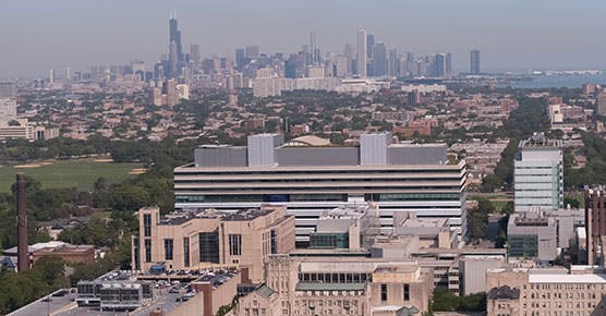 UChicago Medical campus with Chicago skyline in the background taken by drone on September 27, 2017.
