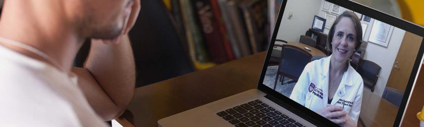 Thoracic surgeon Jessica Donington, MD, giving a virtual visit