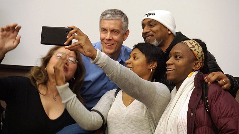 Former secretary of education Arne Duncan spoke as part of the MacLean Center's lecture series on Feb. 7. John Easton taking pictures.