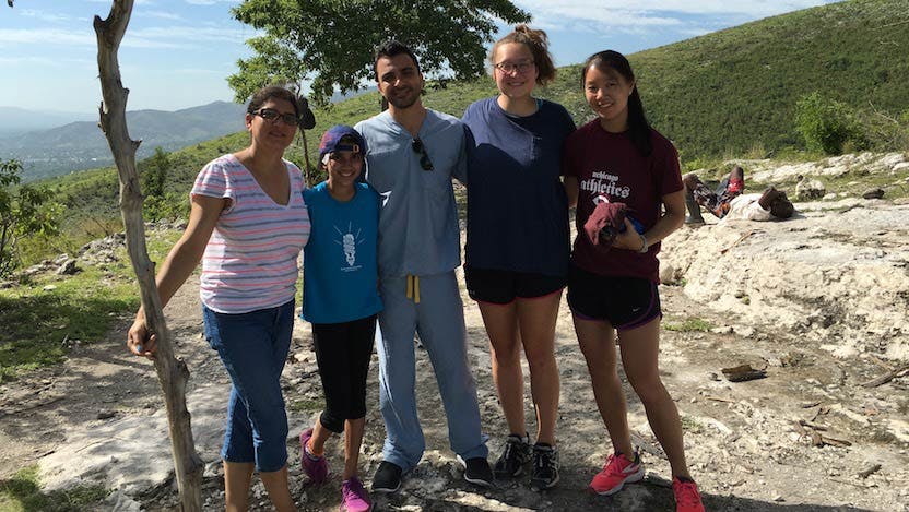 Sarosh Rana (left) with her daughter, Sana; Hadi Ramadan, MD, now a resident in OB/Gyn in Virginia; and students Rebekah Sugarman and Eleanor Kang in Haiti